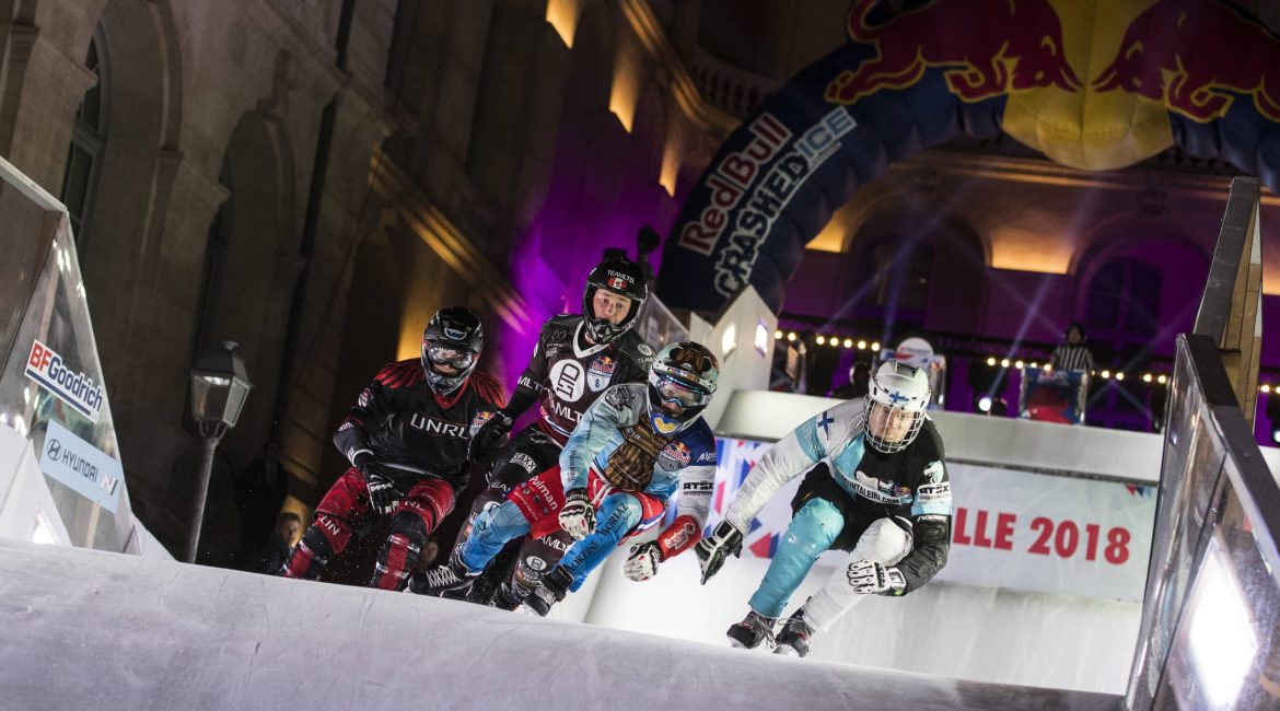 Daniel Bergeson of the United States, Tristan Dugerdil of France, Kyle Croxall of Canada and Jere Lehto of Finland compete during the finals at the seventh stage of the ATSX Ice Cross Downhill World Championship at the Red Bull Crashed Ice in Marseille, France on February 17, 2018. // Joerg Mitter / Red Bull Content Pool // SI201802180005 // Usage for editorial use only //