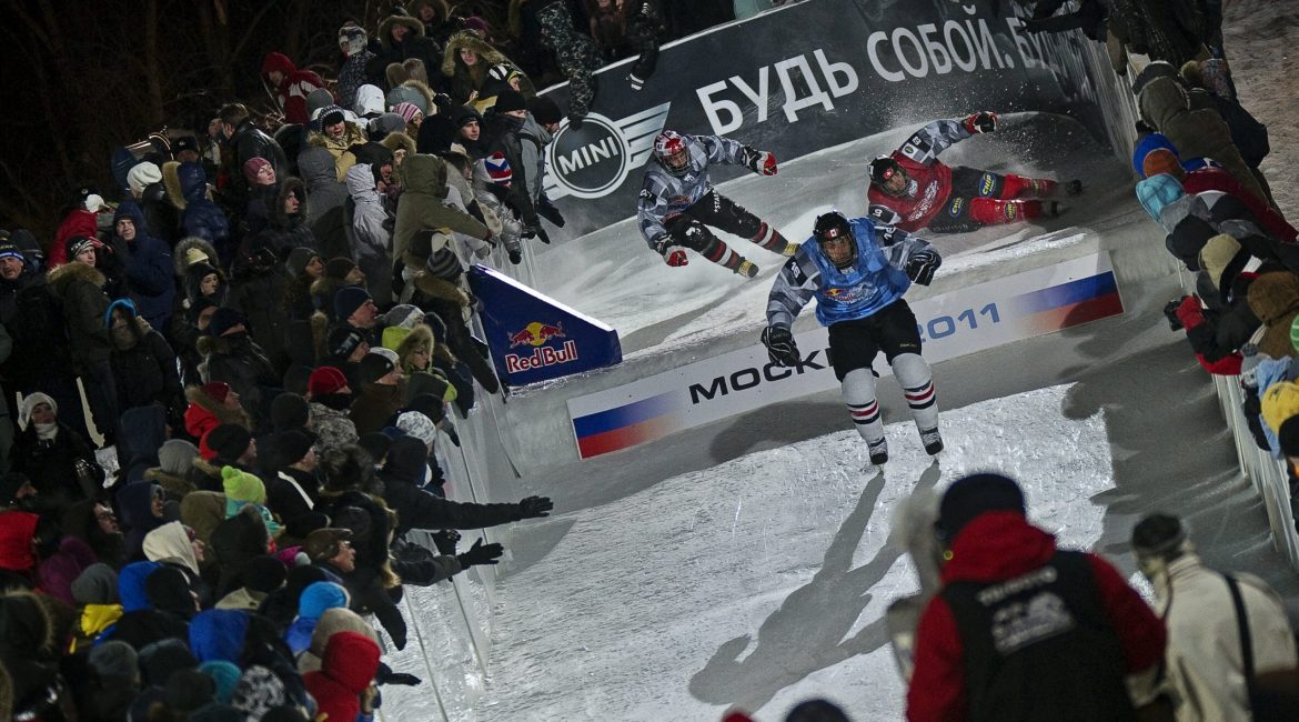 Louis Philippe Dumoulin (CAN) skates first ahead of Jim de Paoli (SUI) and Reto Maeder (SUI) during the finals of the Red Bull Crashed Ice World Championship 2011 on February 26th in Moscow, Russia. // Joerg Mitter / Red Bull Content Pool // SI201102260044 // Usage for editorial use only //