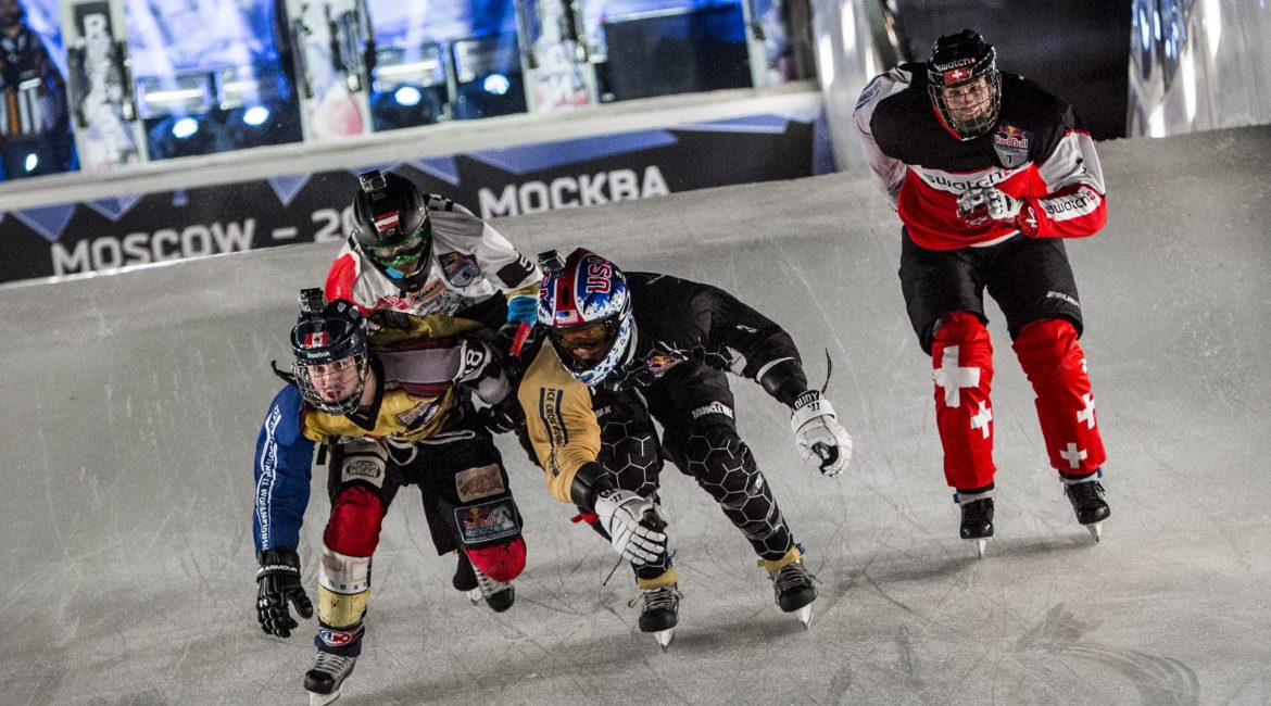 (L-R) Dean Moriarity of Canada, Marco Dallago of Austria, Cameron Naasz of the United States of America and Kim Mueller of Switzerland perform during the Finals of the Red Bull Crashed Ice, the third stop of the Ice Cross Downhill World Championship in Moscow, Russia on March 7, 2014. // Andreas Langreiter / Red Bull Content Pool // SI201403080283 // Usage for editorial use only //